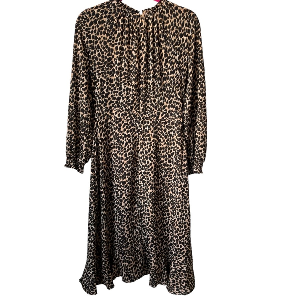 J.Crew Factory Ruffle Neck Peasant Dress Animal Leopard Print Midi Dress Size 6 - Picture 5 of 15
